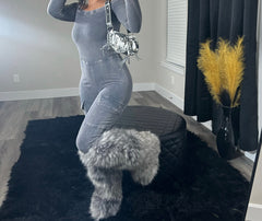 Grey baddie knee-high fur boots