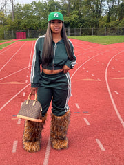 Brown baddie knee-high fur boots