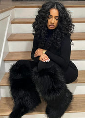 Black baddie knee-high fur boots