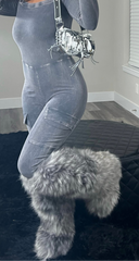 Grey baddie knee-high fur boots
