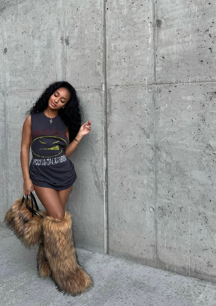 Brown baddie knee-high fur boots