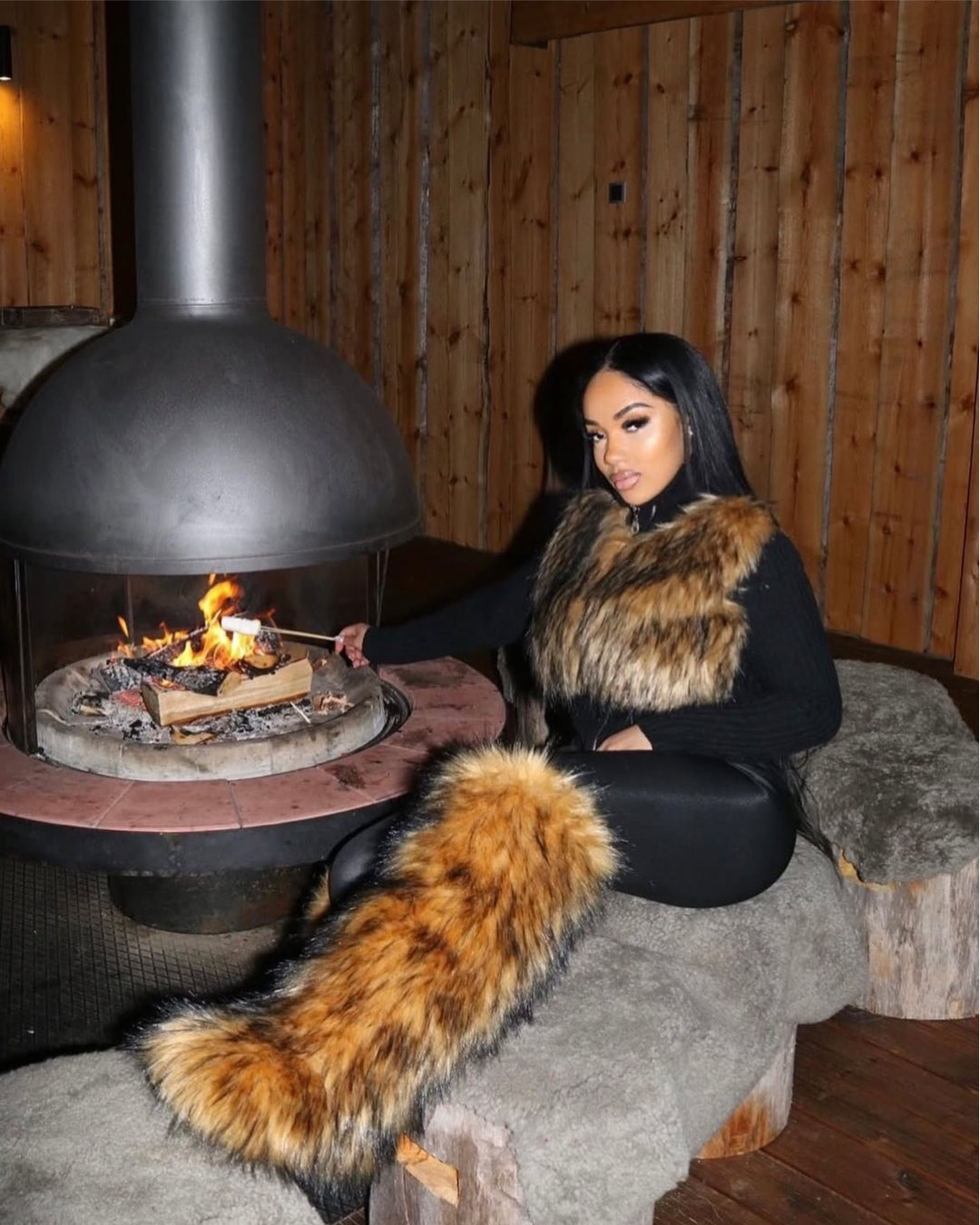 Brown baddie knee-high fur boots
